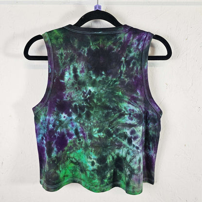 Jelly Venom tie-dye crop vest, sleeveless crew neck, purple and green all-over