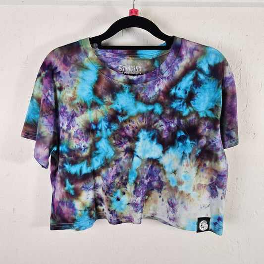 Turquoise and purple tie-dye crop top, short sleeves, crew neck, small hem patch
