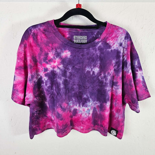 Purple and pink tie-dye crop top with short sleeves and crew neck