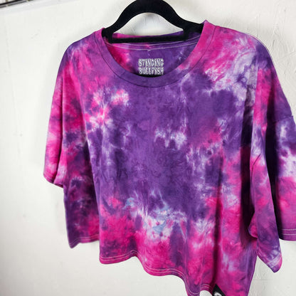 Purple and pink tie-dye crop top, crew neck short sleeves, front view