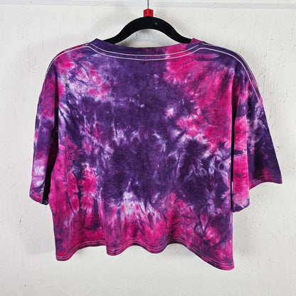 Purple and pink tie-dye crop top back view with crew neck and short sleeves