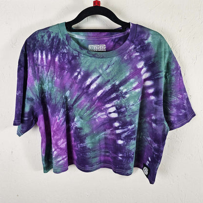 Purple and green tie-dye crop top with short sleeves and crew neck