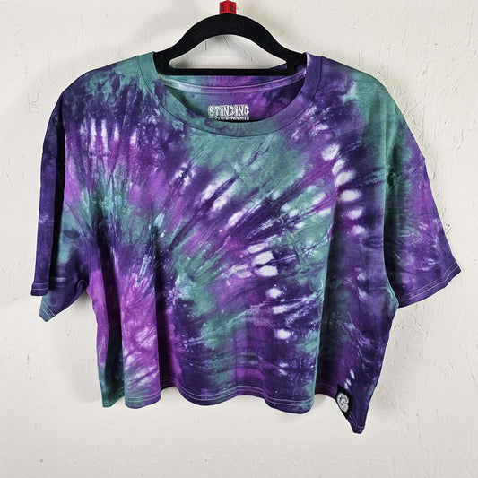 Purple and green tie-dye crop top with short sleeves and crew neck
