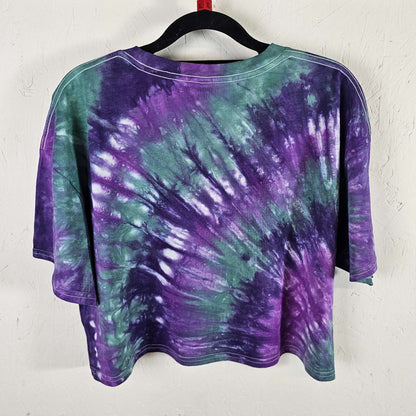 Purple and green tie-dye crop top, crew neck, short sleeves, curved hem