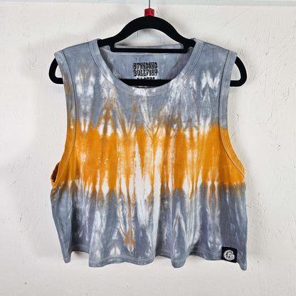 Orange and blue tie-dye crop vest, sleeveless with crew neck, front with small hem logo