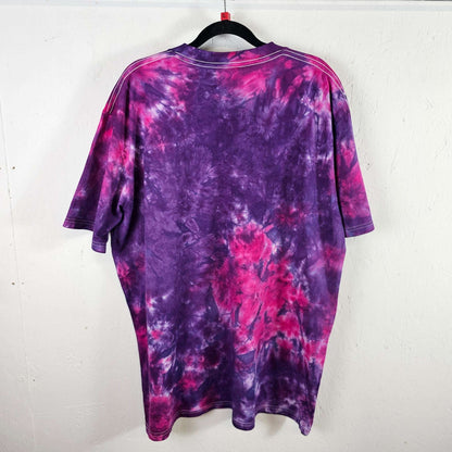Purple and pink tie-dye T-shirt, back view with crew neck, short sleeves
