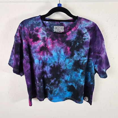 Purple and blue tie-dye crop top with short sleeves and crew neck