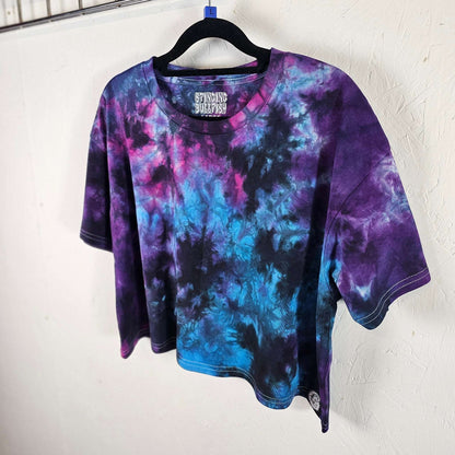 Purple and blue nebula tie-dye crop top with short sleeves and crew neck