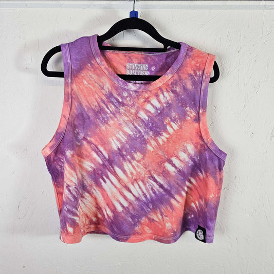 Purple and pink tie-dye sleeveless crop vest with scoop neck