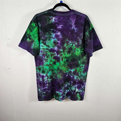 Tie-dye T-shirt back with purple and green pattern, dark shoulder stripes, crew neck
