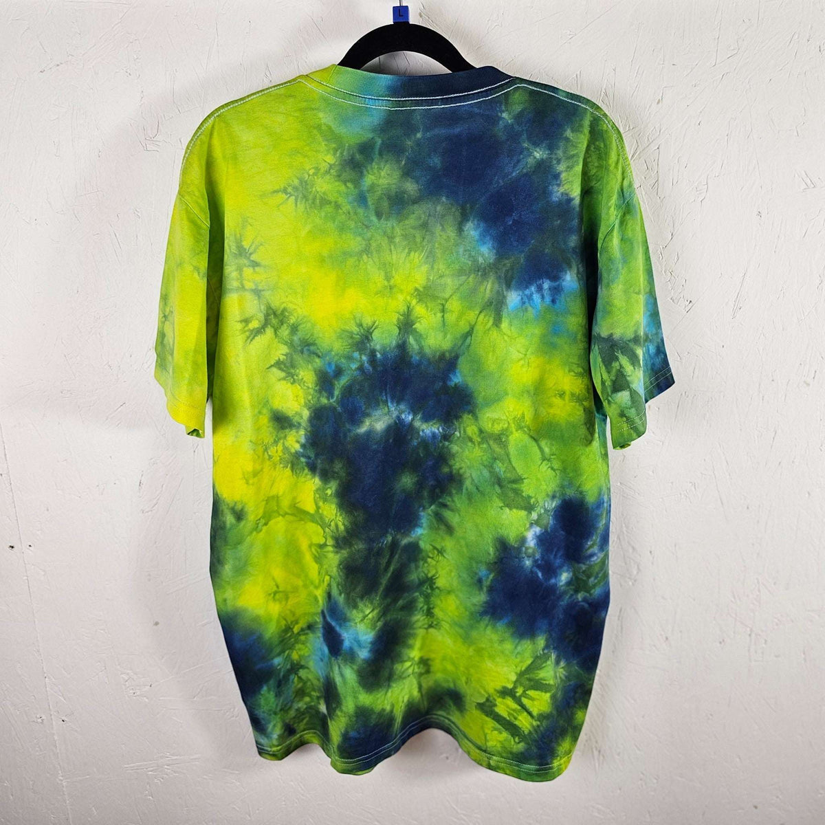 Neon yellow and blue tie-dye T-shirt, crew neck, back view
