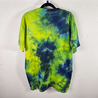 Neon yellow and blue tie-dye T-shirt, crew neck, back view