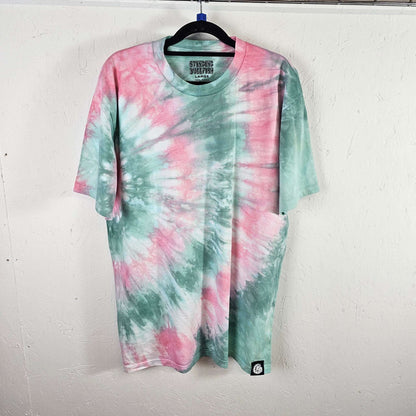 Pink and green tie-dye T-shirt, crew neck and short sleeves (front view)