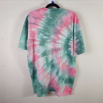 Pink and green tie-dye T-shirt, crew neck and short sleeves (back view)