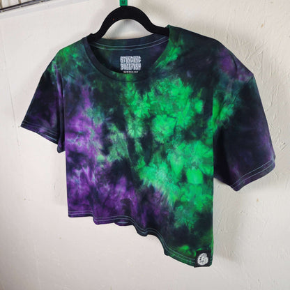 Purple, green tie-dye crop top with crew neck and short sleeves, slight curved hem