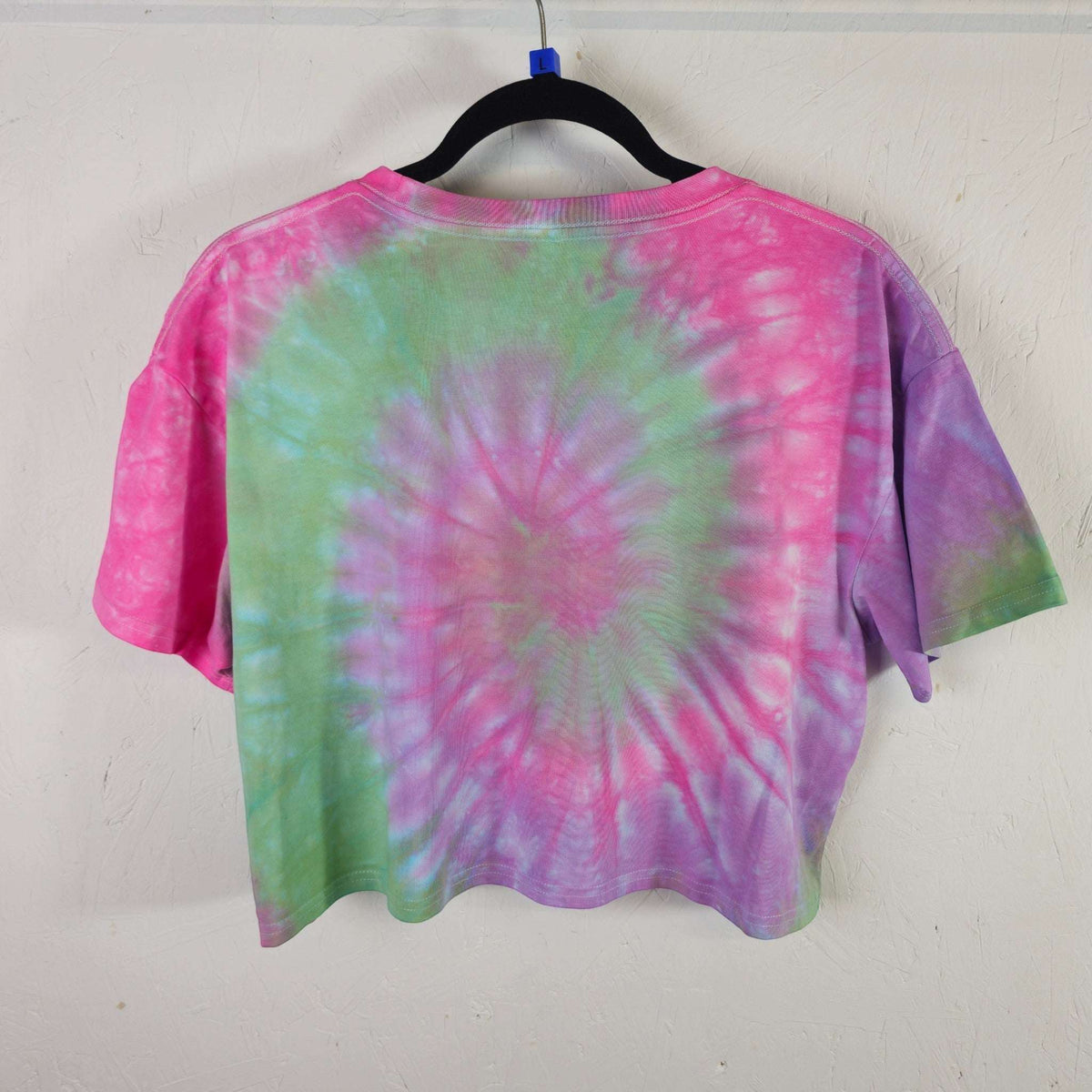 Pastel spiral tie-dye crop top with short sleeves and crew neck, back view