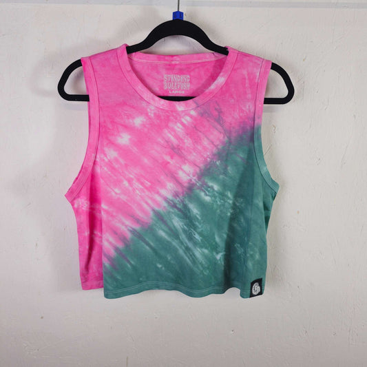 Pink and teal tie-dye crop vest with sleeveless crew neck