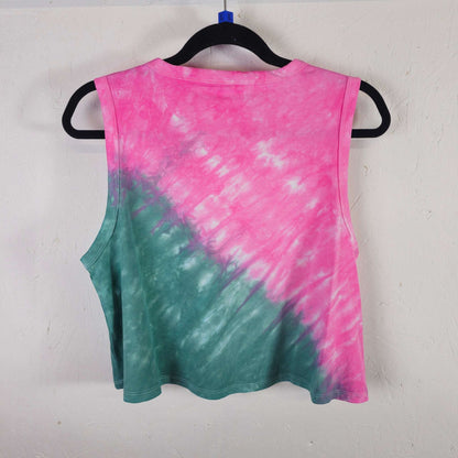Pink and teal tie-dye crop vest back view with sleeveless crew neck