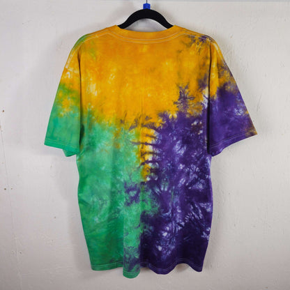 Tri-color tie-dye T-shirt in yellow, purple, and green with short-sleeve back