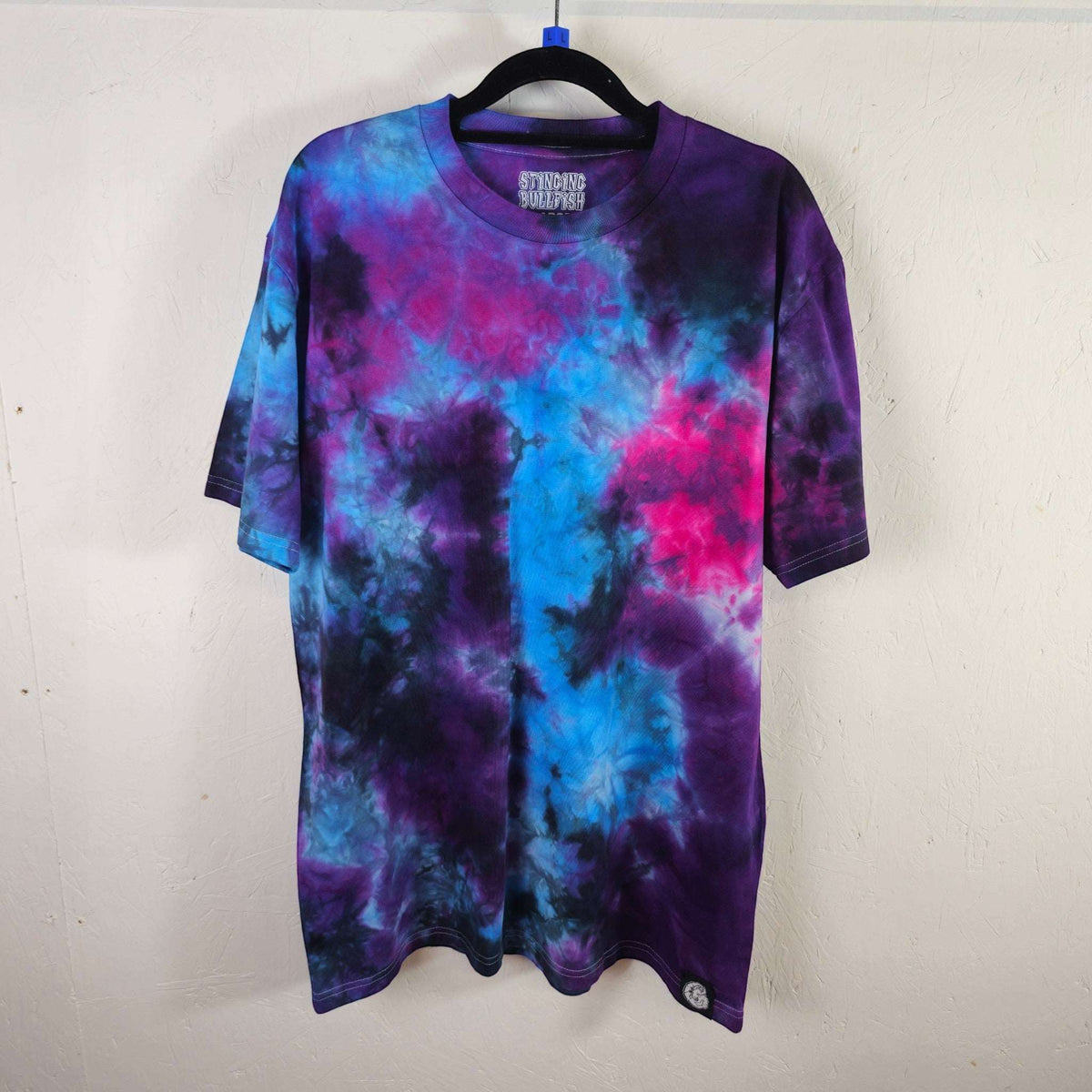 Nebula tie-dye T-shirt with purple, blue, and pink abstract swirl, crew neck, short sleeves