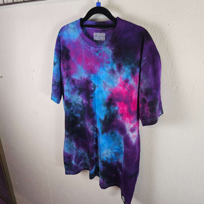 Nebula tie-dye T-shirt in purple, blue, and pink with crew neck and short sleeves