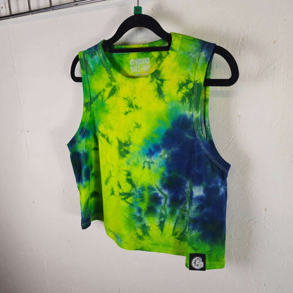 Sleeveless tie-dye crop vest with yellow-green swirls and deep blue side panel