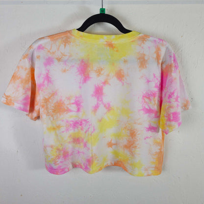 Pastel tie-dye crop top, short-sleeve crew neck, back view