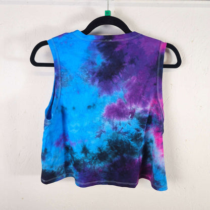 Tie-dye crop vest, blue and purple pattern, sleeveless with back neckline