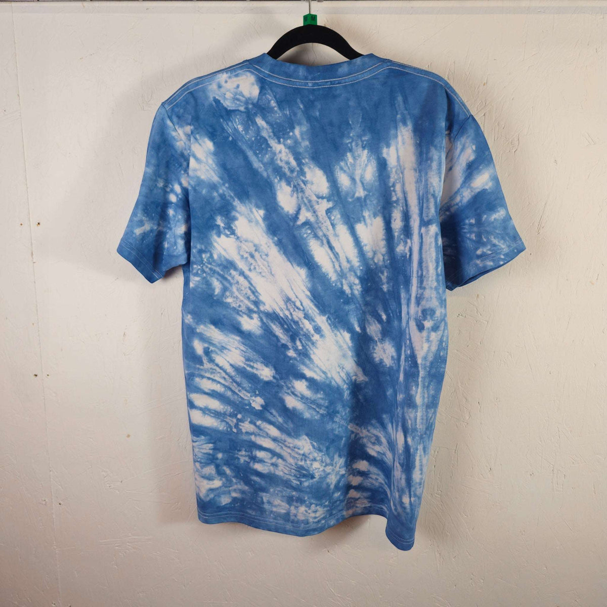 Back view blue tie-dye T-shirt with crew neck, short sleeves