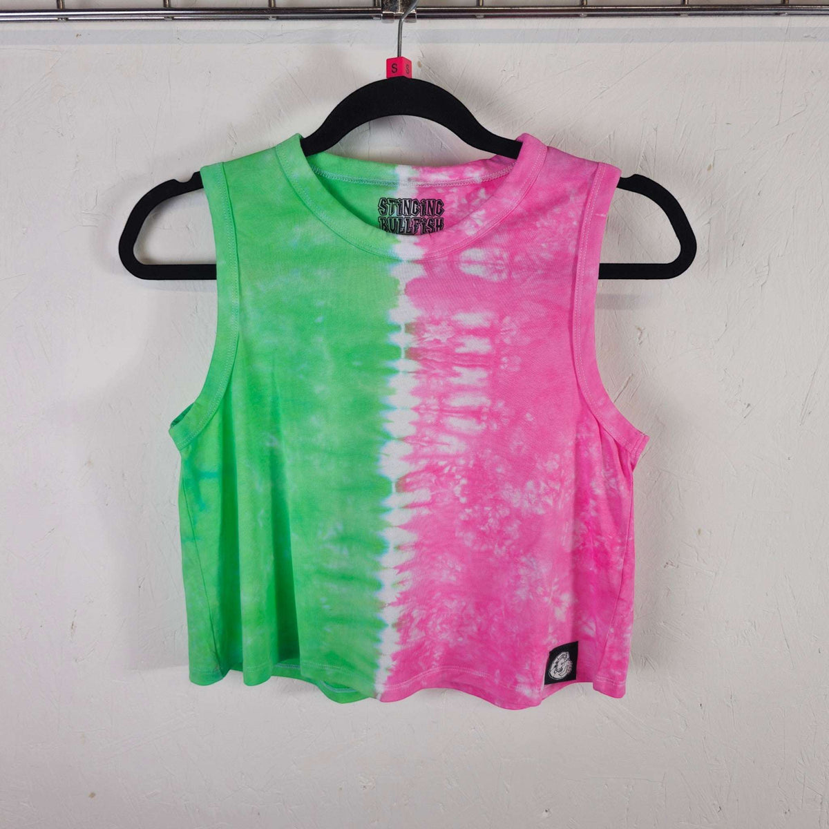 Sleeveless tie-dye crop vest, green left and pink right vertical stripe
