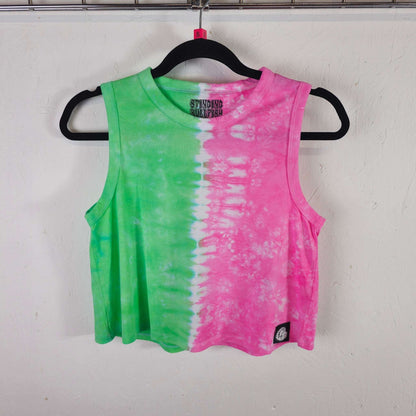 Sleeveless tie-dye crop vest, green left and pink right vertical stripe