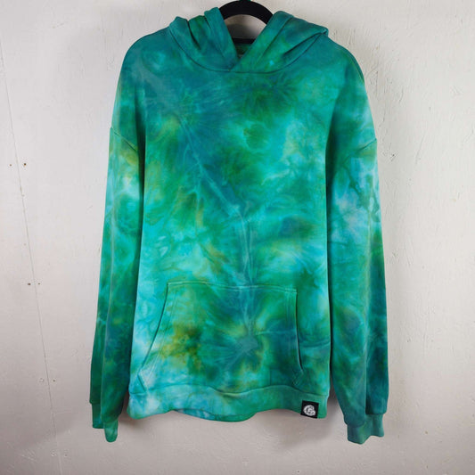 Teal tie-dye heavy oversize hoodie with hood and front kangaroo pocket