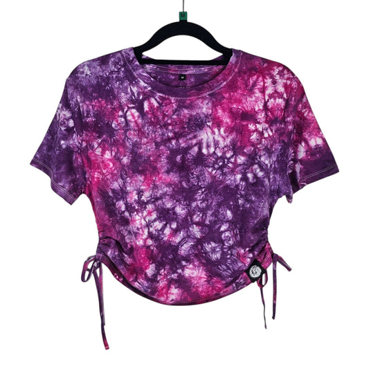 Juicy Fruit tie-dye crop top, purple and magenta, crew neck with side cinch ties