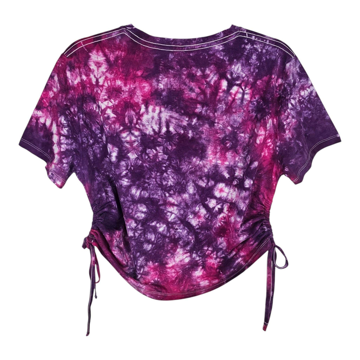 Tie-dye crop top back, short sleeves, purple and magenta, side cinch tie strings