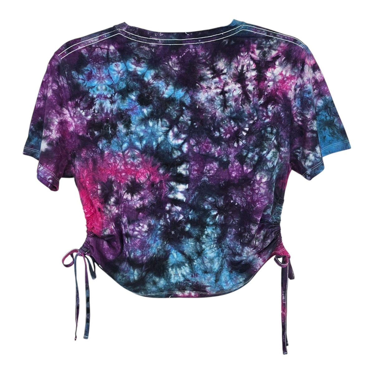 Back tie-dye crop top with crew neck, short sleeves, and side cinch tie strings