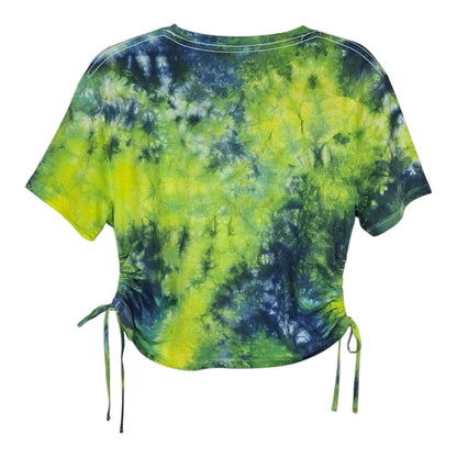 Tie-dye crop top with side cinch ties, short sleeves, green yellow blue