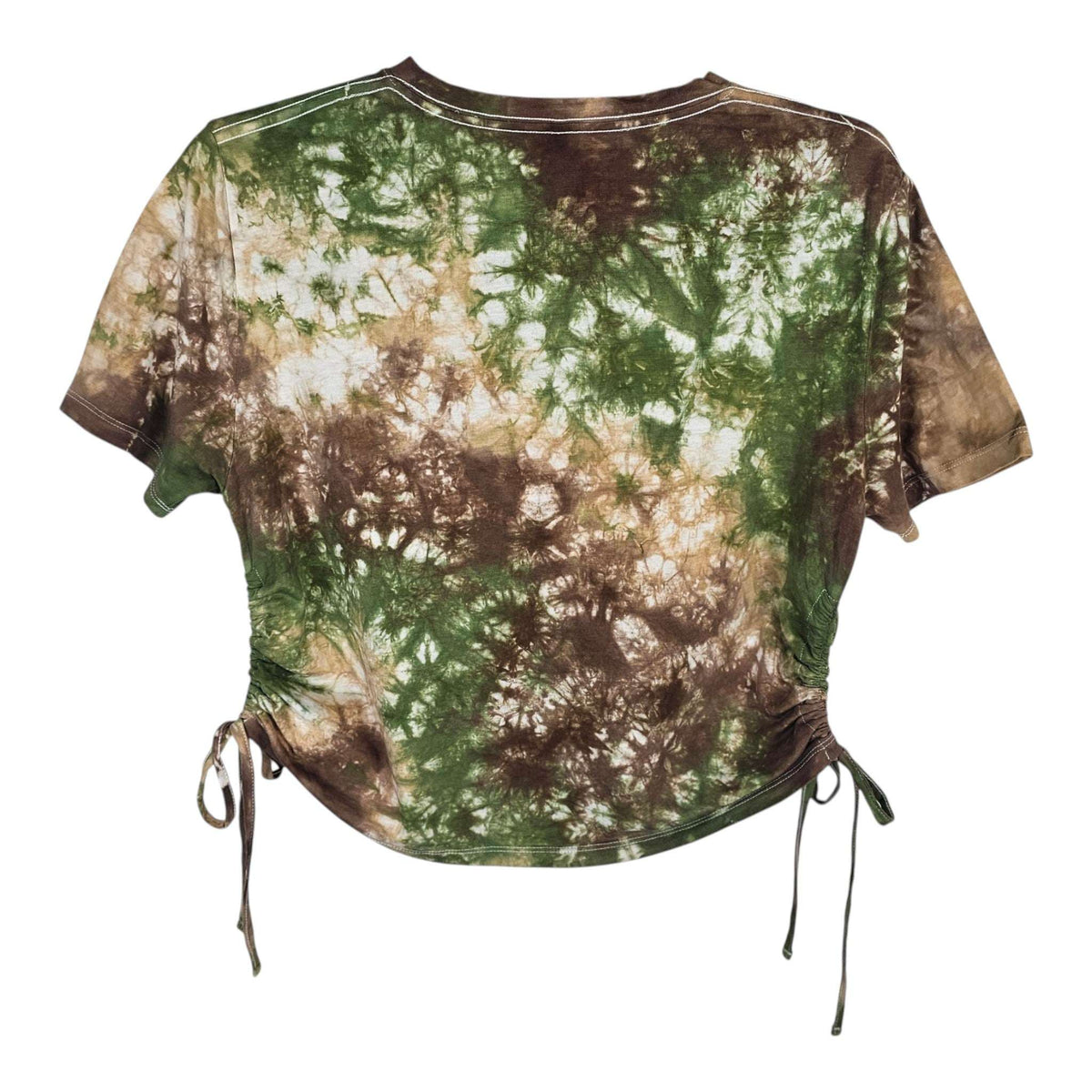 Tie-dye crop top with side cinch ties, green and brown camo pattern