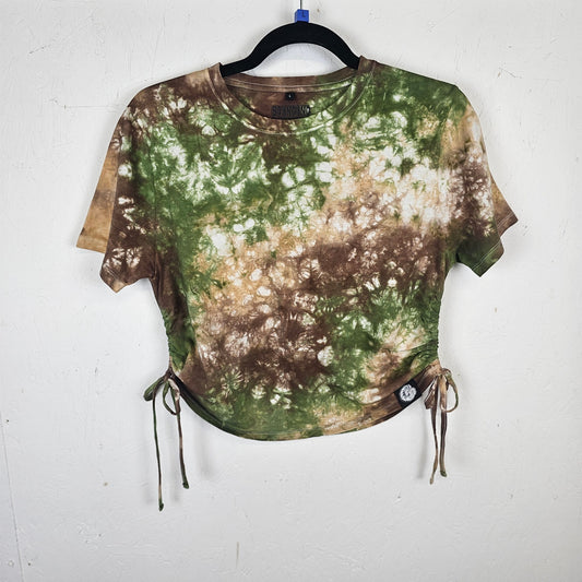 Army Camo Tie Dye Side Cinch Crop Top with Tassels