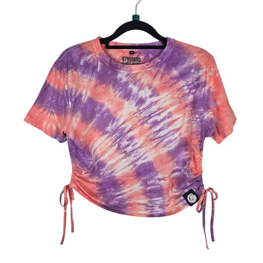 Pink Stripe Tie Dye Side Cinch Crop Top with Tassels