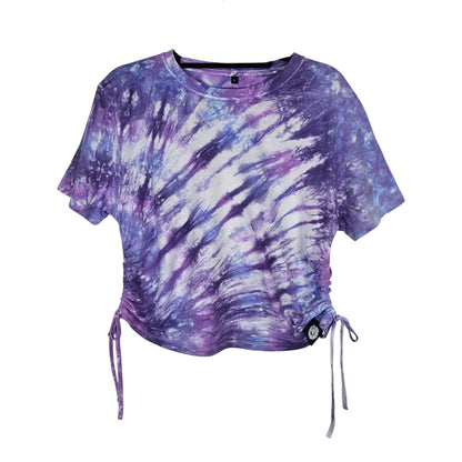 Purple Stripe Tie Dye Side Cinch Crop Top with Tassels