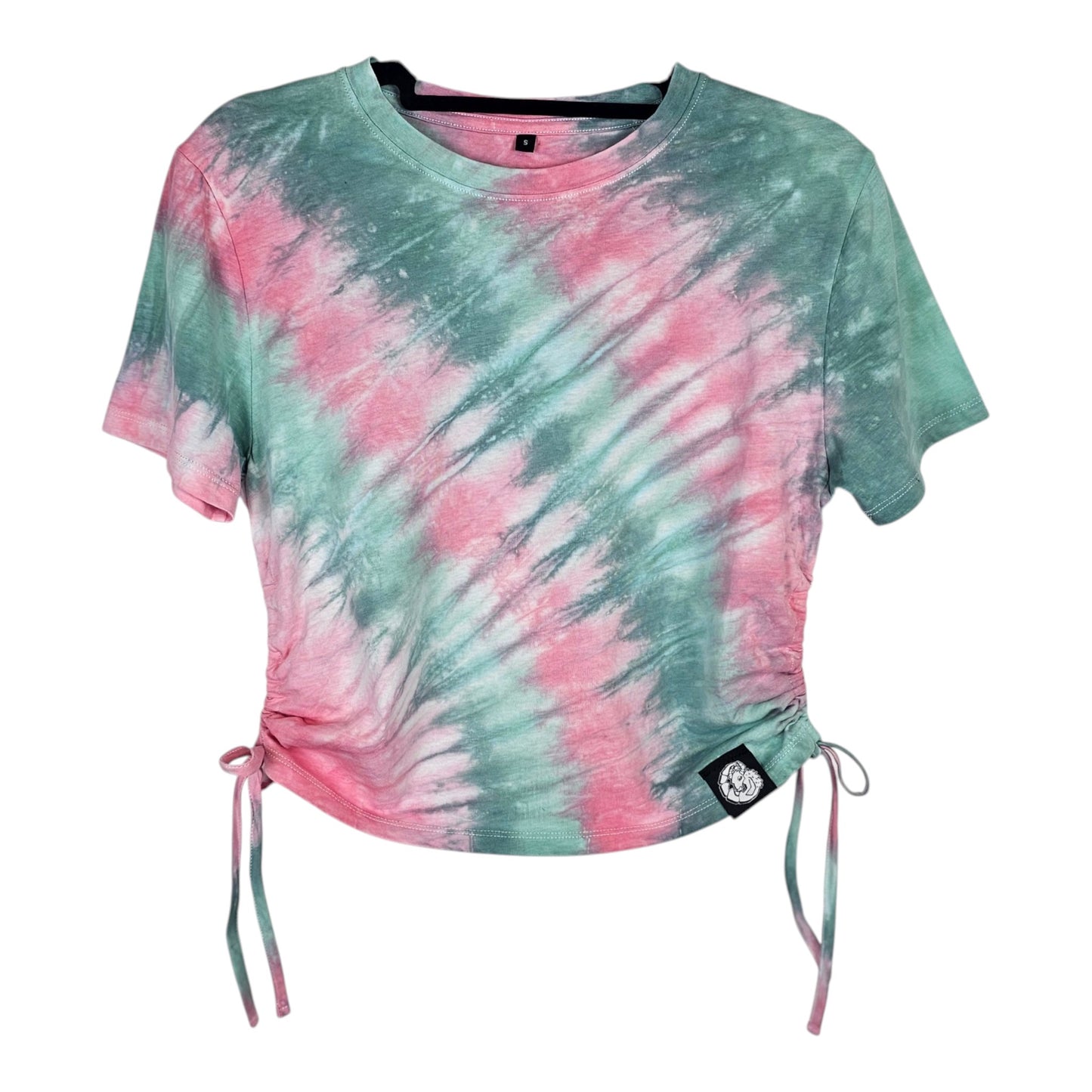 Green Pink Stripe Tie Dye Side Cinch Crop Top with Tassels