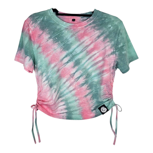 Green Pink Stripe Tie Dye Side Cinch Crop Top with Tassels