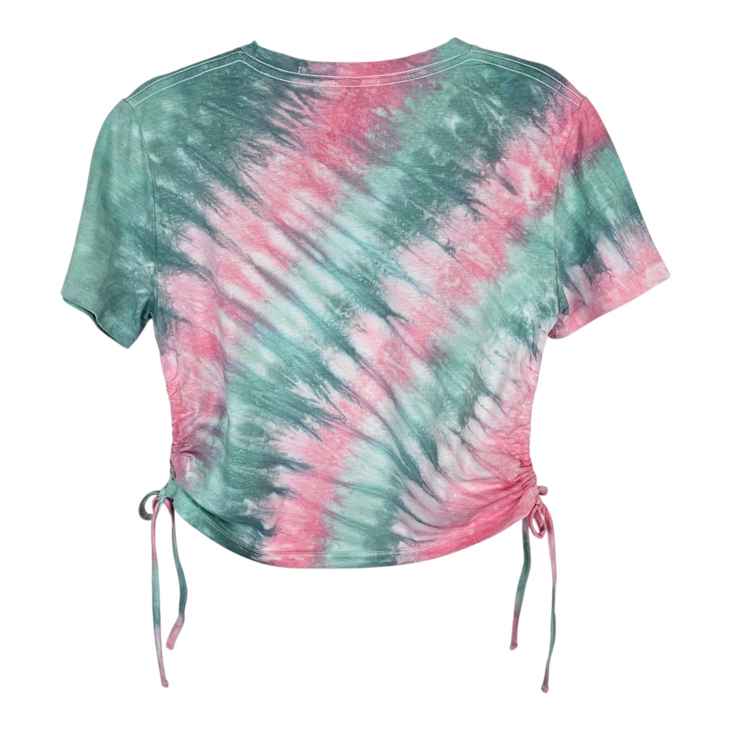 Green Pink Stripe Tie Dye Side Cinch Crop Top with Tassels