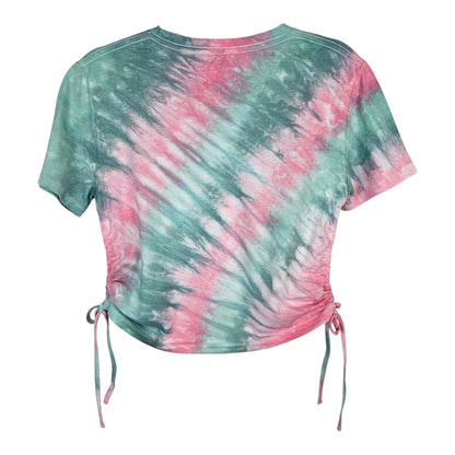 Green Pink Stripe Tie Dye Side Cinch Crop Top with Tassels