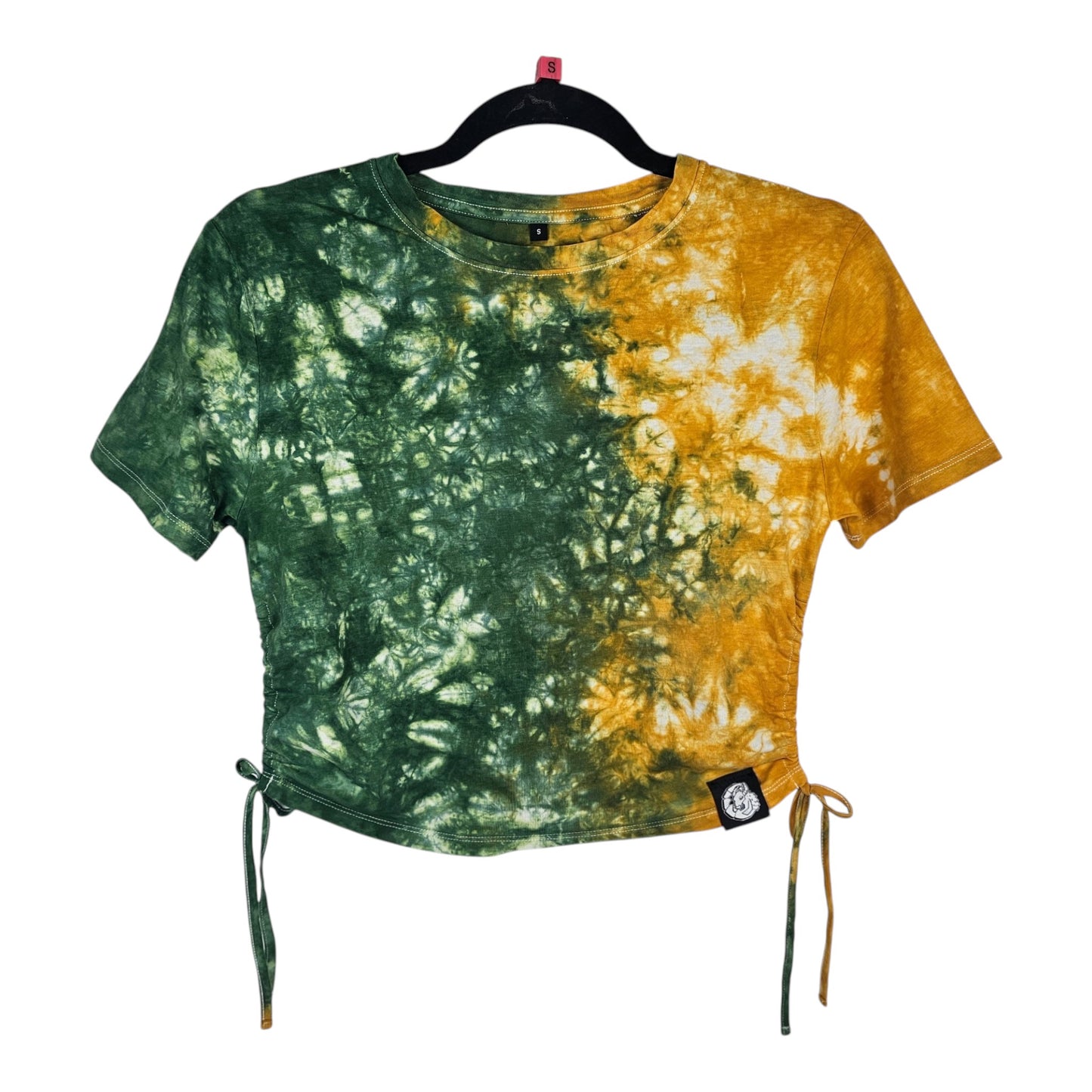 Green Marigold Tie Dye Side Cinch Crop Top with Tassels