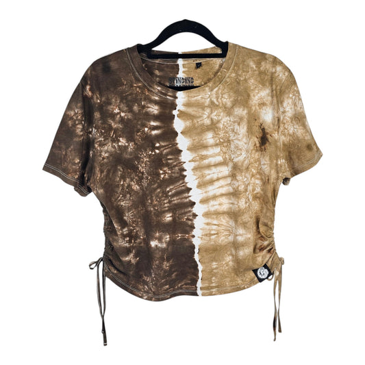 Tan Brown Tie Dye Side Cinch Crop Top with Tassels