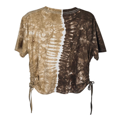 Tan Brown Tie Dye Side Cinch Crop Top with Tassels
