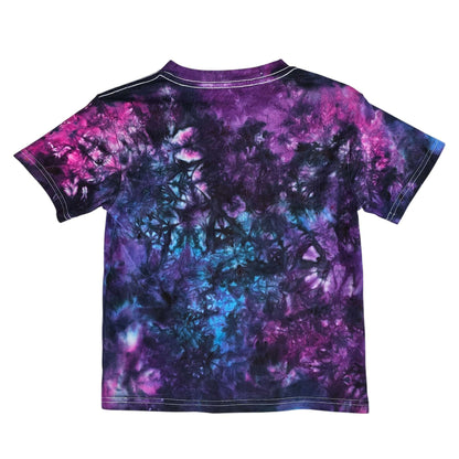 Kids tie-dye T-shirt, purple and blue swirl pattern, short sleeves, crew neck (back)