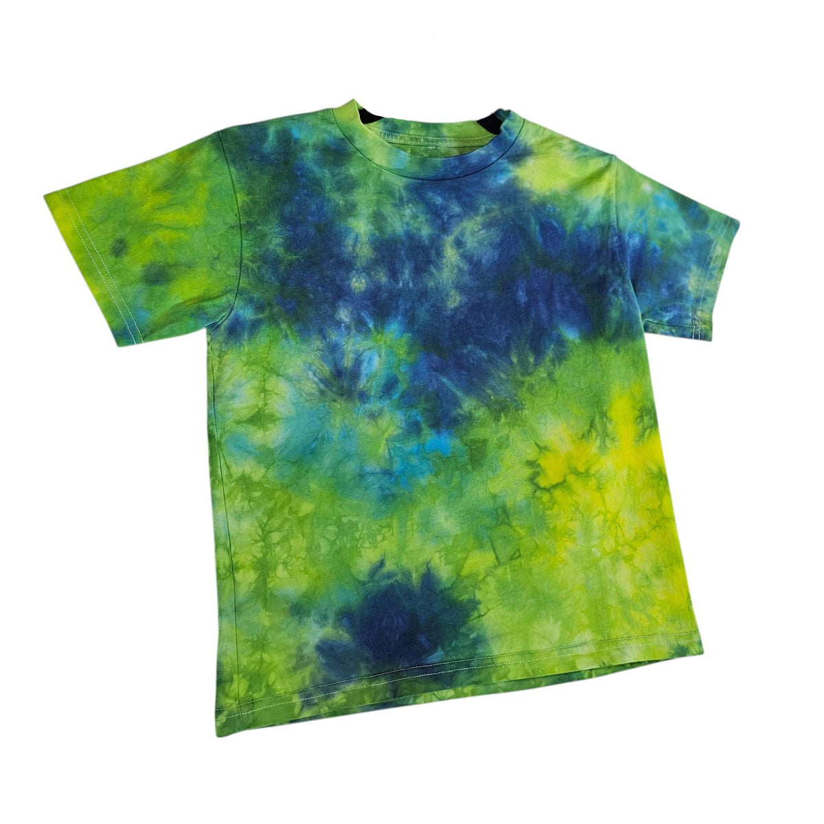 Kids short-sleeve crew neck tie-dye t-shirt in blue, green, and yellow swirls