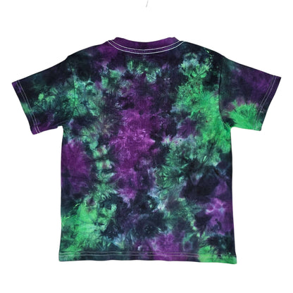 Kids tie-dye crew-neck T-shirt, short sleeves, purple center with green accents on dark fabric